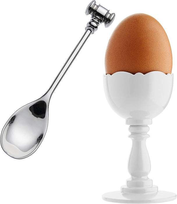 Alessi "Dressed" Egg Cup in Thermoplastic Resin And Spoon With Soft Boiled Egg Opener in 18/10 Stainless Steel Mirror Polished, White