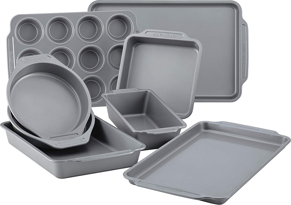 Farberware Nonstick Bakeware Set Includes Cookie Sheets/Baking Cake Muffin and Bread Pan, 8 Piece, Gray