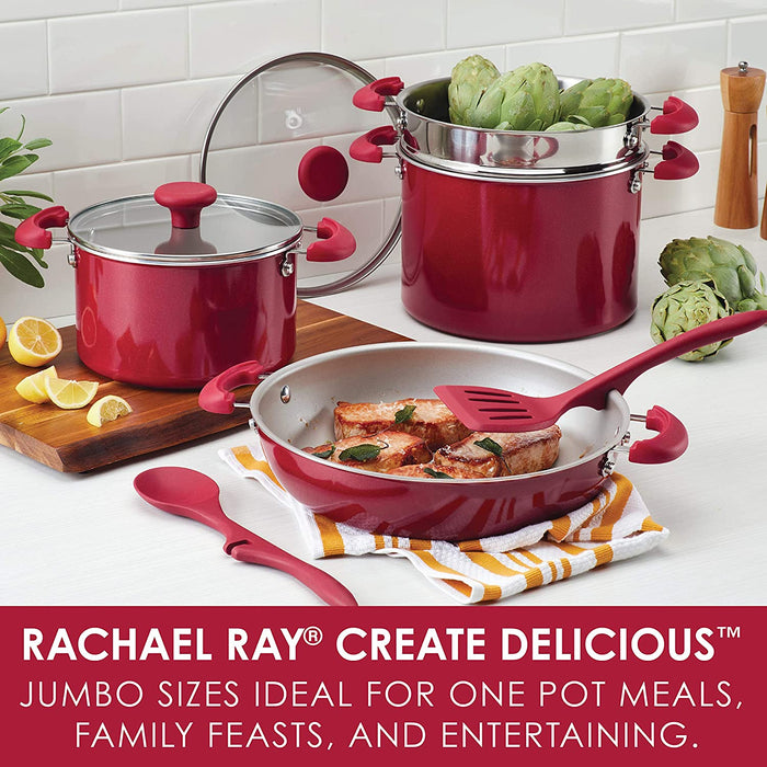 Rachael Ray 8-Piece Create Delicious Stackable Nonstick Cookware Set, Red