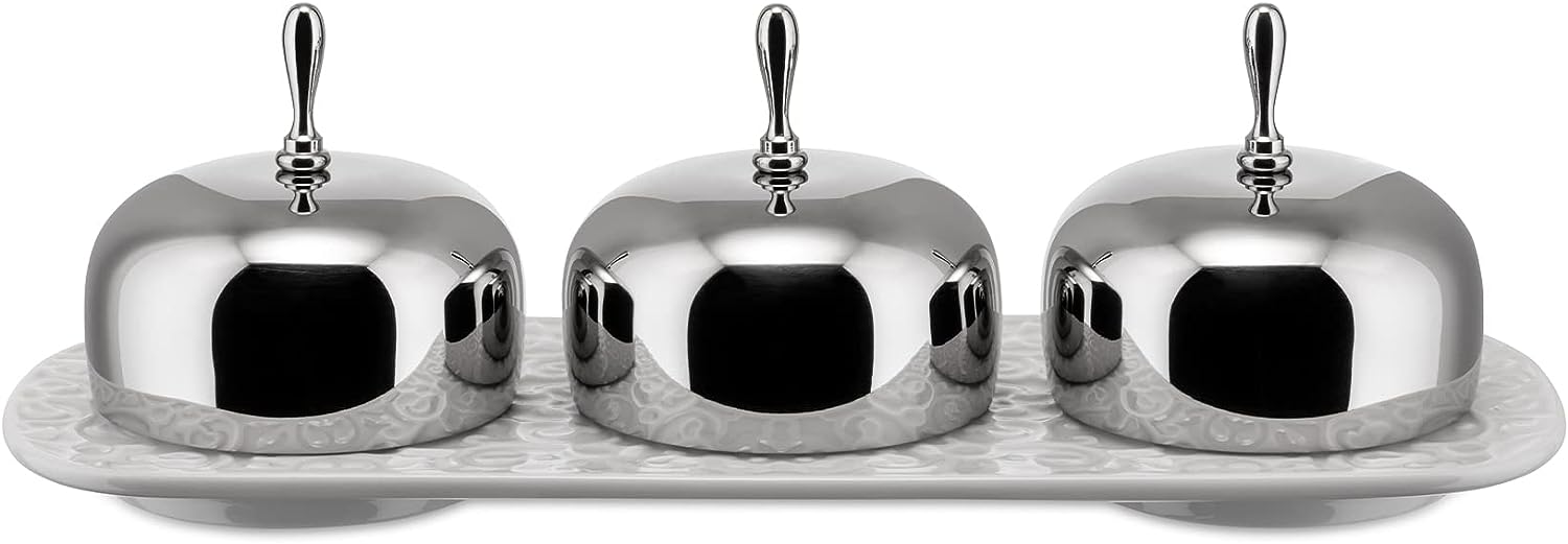 Alessi "Dressed" Three-Section Jam Tray in Porcelain With Lids in 18/10 Stainless Steel Mirror Polished, White