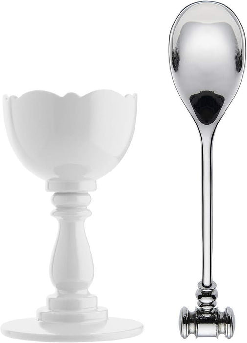 Alessi "Dressed" Egg Cup in Thermoplastic Resin And Spoon With Soft Boiled Egg Opener in 18/10 Stainless Steel Mirror Polished, White