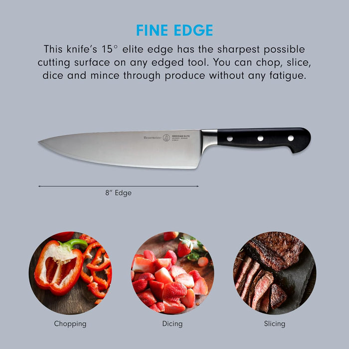 Messermeister Meridian Elite 8” Traditional Chef’s Knife - Fine German Steel Alloy Blade - Rust Resistant & Easy to Maintain