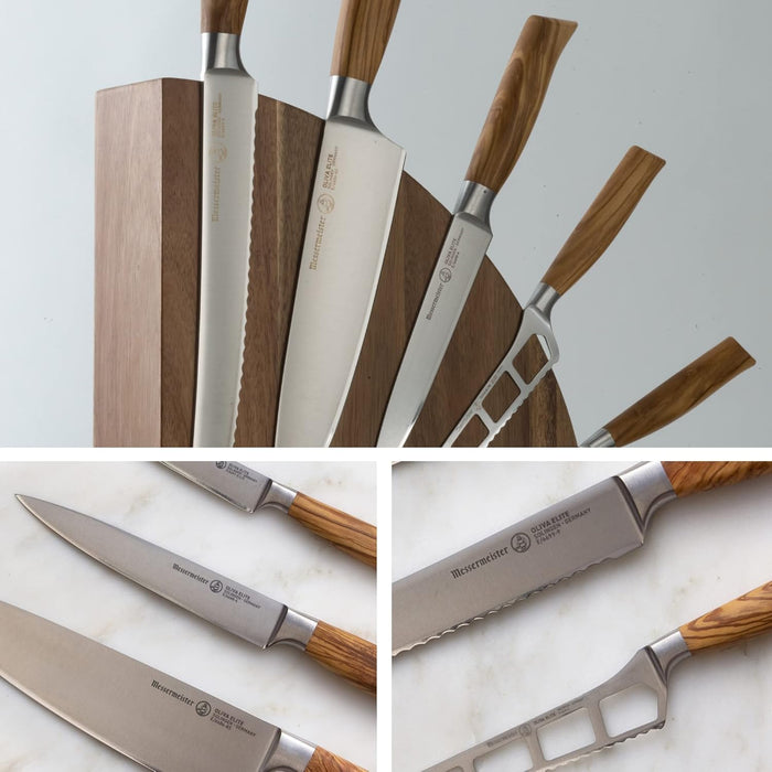 Messermeister Oliva Elite 6-Piece Magnet Block Set - Includes Chef’s, Bread, Cheese & Tomato, Utility & Paring Knife + Magnet Block