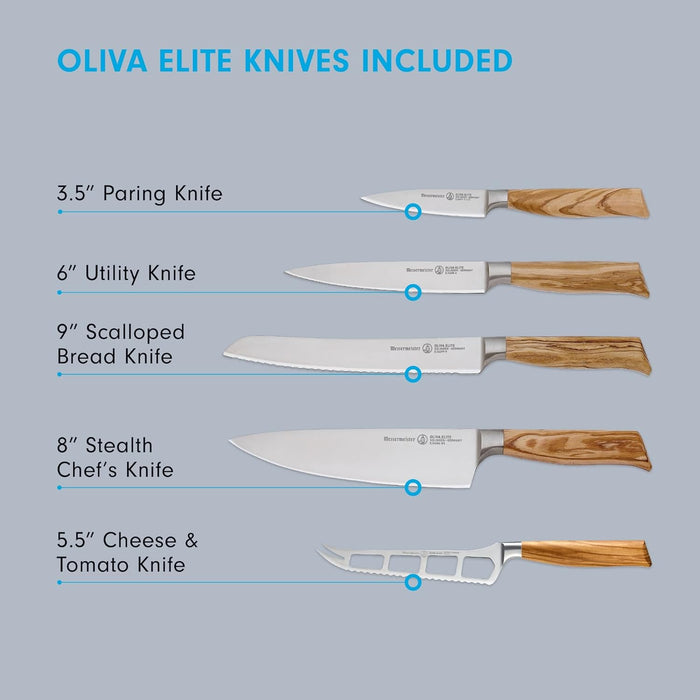 Messermeister Oliva Elite 6-Piece Magnet Block Set - Includes Chef’s, Bread, Cheese & Tomato, Utility & Paring Knife + Magnet Block