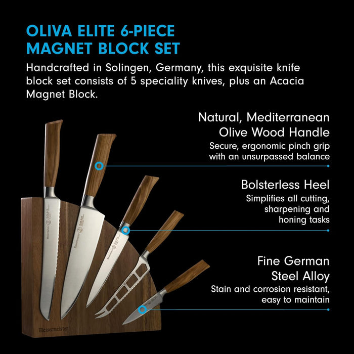 Messermeister Oliva Elite 6-Piece Magnet Block Set - Includes Chef’s, Bread, Cheese & Tomato, Utility & Paring Knife + Magnet Block