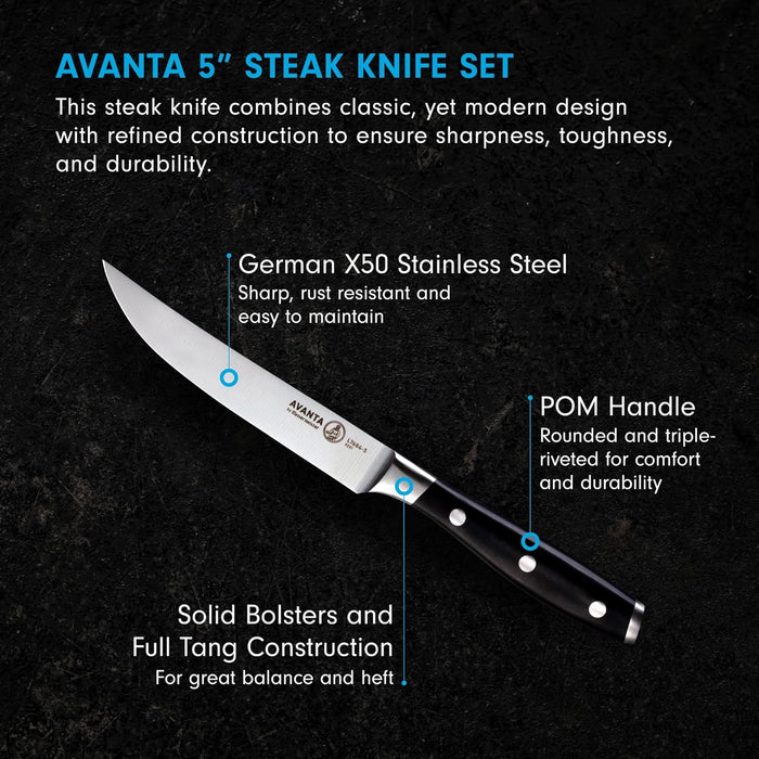 Messermeister Avanta Forged 5” Fine Edge Steak Knife Set - German X50 Stainless Steel - Rust Resistant & Easy to Maintain - Includes 4 Steak Knives