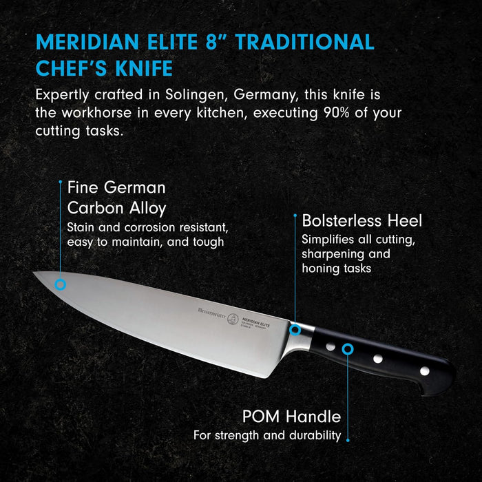 Messermeister Meridian Elite 8” Traditional Chef’s Knife - Fine German Steel Alloy Blade - Rust Resistant & Easy to Maintain