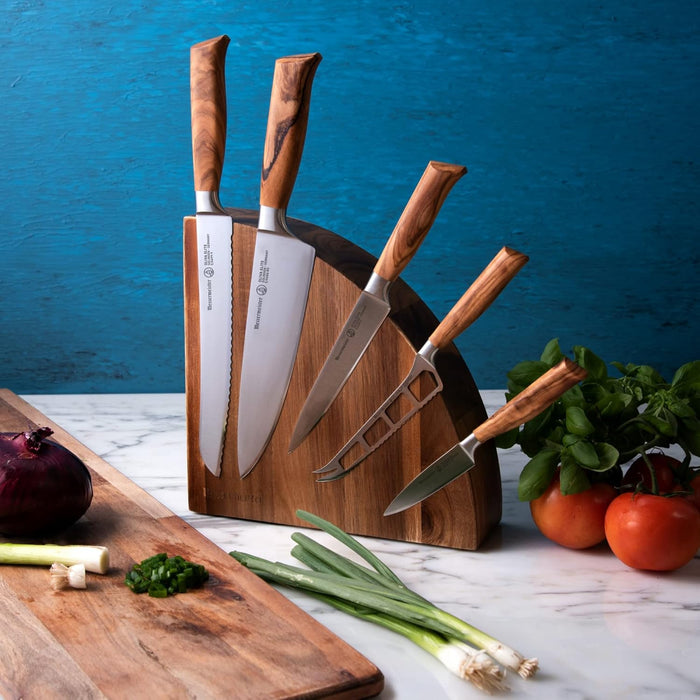 Messermeister Oliva Elite 6-Piece Magnet Block Set - Includes Chef’s, Bread, Cheese & Tomato, Utility & Paring Knife + Magnet Block