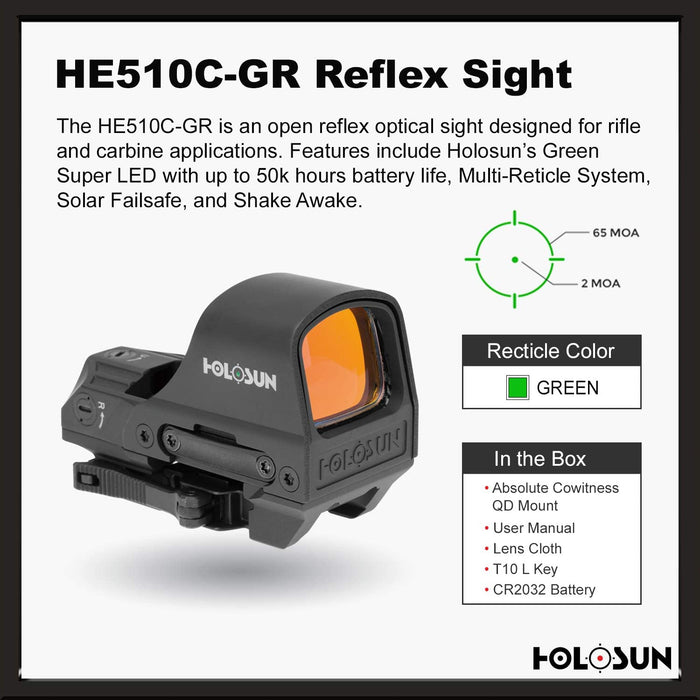 HOLOSUN - HE510C-GR Open Reflex Optical Sight with Super Green LED (2 MOA Dot, 65 MOA Circle) title