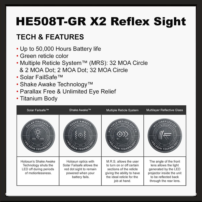 Holosun HE508T-GR-X2 Elite Multi Reticle Green Dot Sight Solar Failsafe