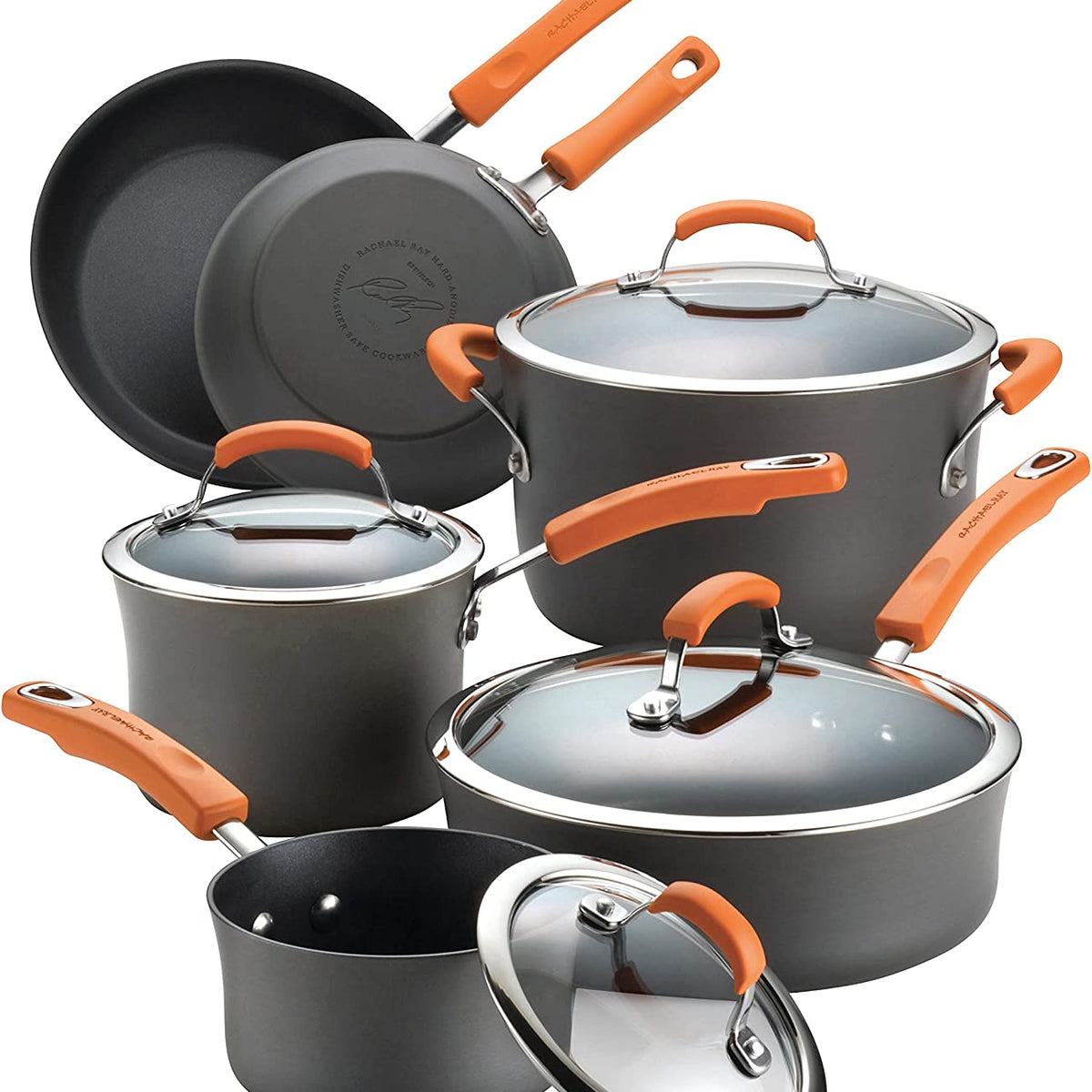 Rachael Ray 87375 Brights Hard-Anodized Nonstick Cookware Set, 10-Piece, Gray with Orange Handles