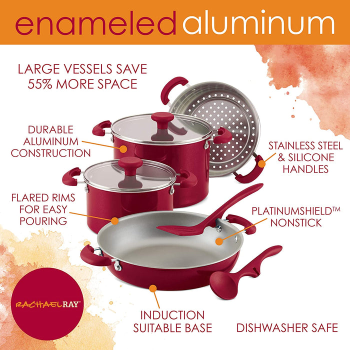 Rachael Ray 8-Piece Create Delicious Stackable Nonstick Cookware Set, Red