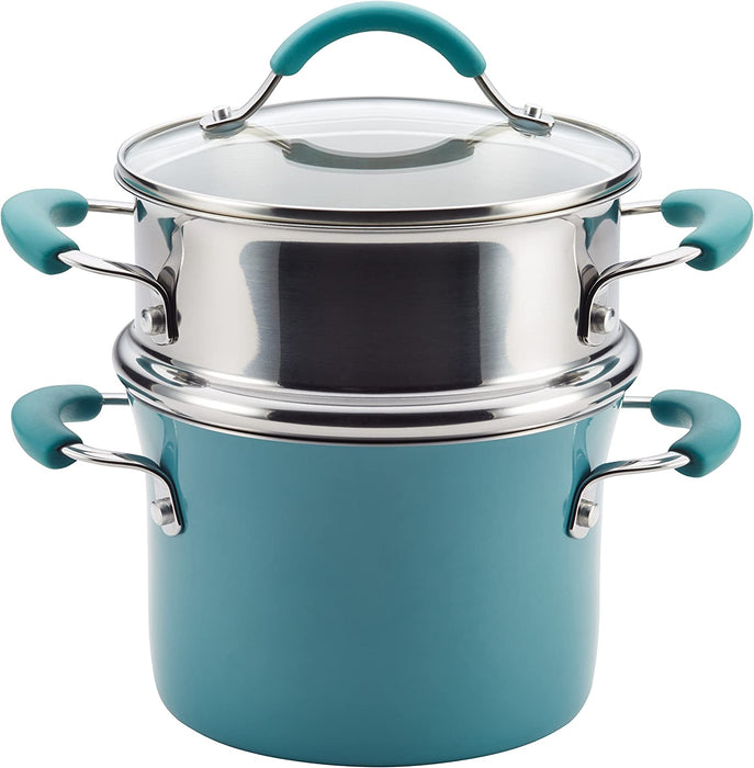 Rachael Ray Cucina Nonstick Sauce Pot/Saucepot with Steamer Insert and Lid, 3 Quart, Agave Blue