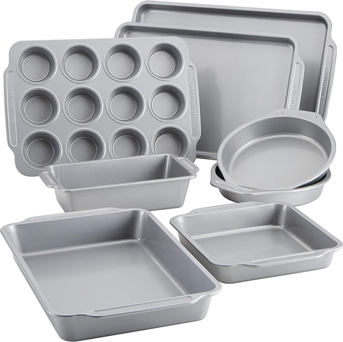 Farberware Nonstick Bakeware Set Includes Cookie Sheets/Baking Cake Muffin and Bread Pan, 8 Piece, Gray