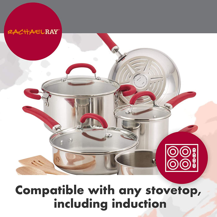 Rachael Ray Create Delicious Stainless Steel Cookware Set, 10-Piece Pots and Pans Set, Stainless Steel with Red Handles