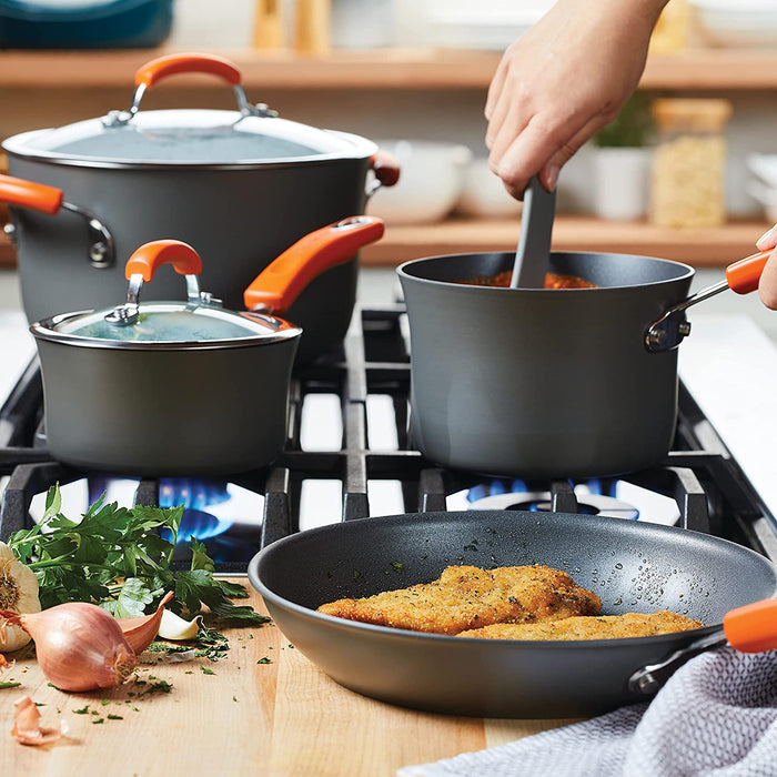 Rachael Ray 87375 Brights Hard-Anodized Nonstick Cookware Set, 10-Piece, Gray with Orange Handles
